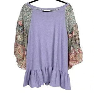 Umgee Purple and Floral Mixed Media Cotton Blend Baby Doll Tunic Top